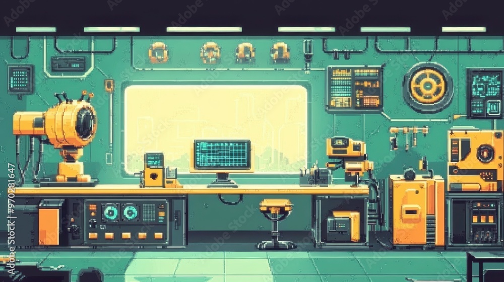 Poster retro futuristic laboratory with pixel robots and copy space for text