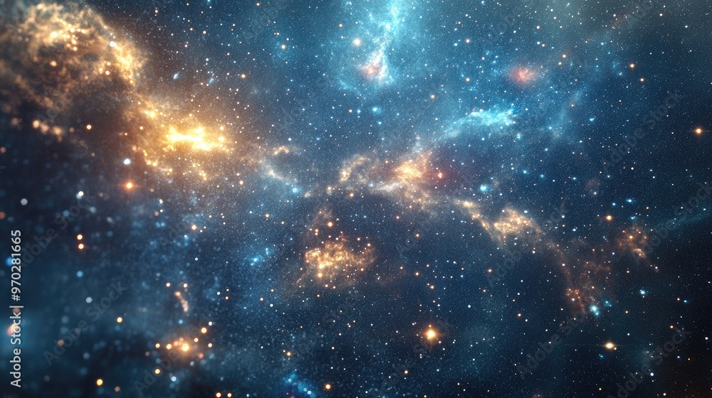 Poster celestial stars and galaxies in an expansive free space created through 3d rendering and illustratio