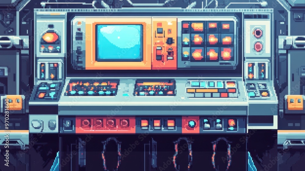 Poster retro 8-bit futuristic lab with pixel buttons and levers on clear background for text overlay
