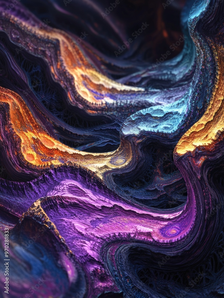 Poster abstract colored fractal in a 3d rendering on a dark background
