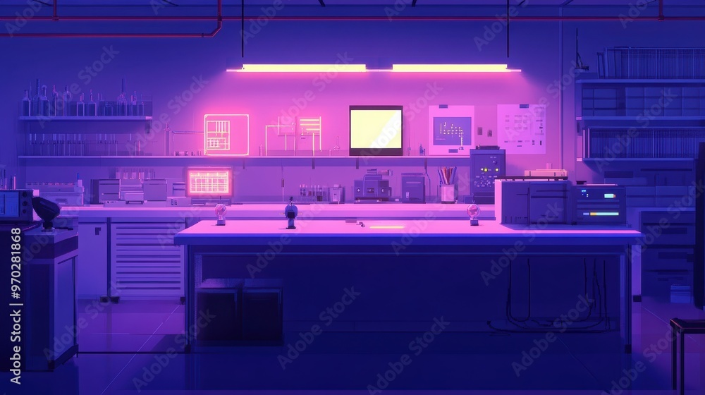 Poster futuristic retro pixel lab with glowing experiment chambers and copy space