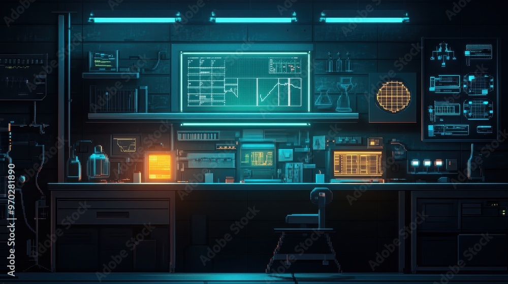 Poster futuristic retro pixel lab with glowing experiment chambers and open walls for copy space