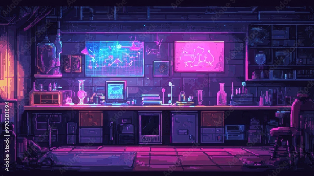 Poster futuristic retro pixel lab with glowing experiment chambers and copy space