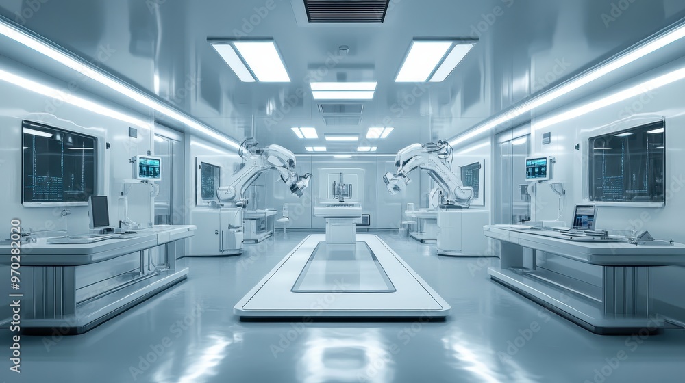 Poster future technology in 16-bit lab with robotic arms, copy space available