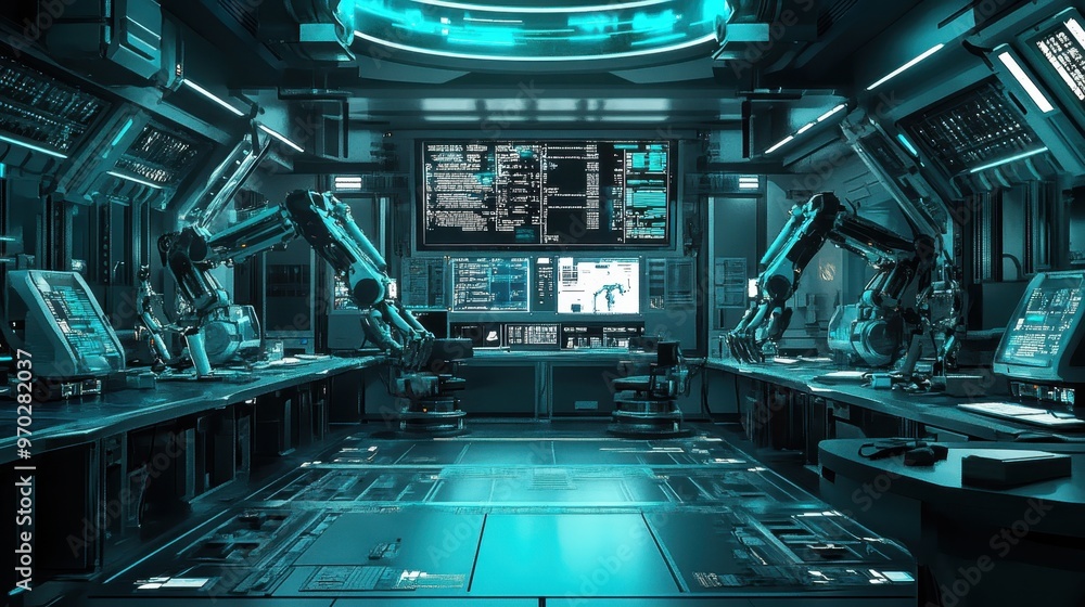 Poster 16-bit futuristic lab with robotic arms and copy space for technology concepts.