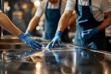 A professional cleaning team working in a restaurant kitchen, three people wearing blue overalls and white shirts and blue gloves. are cleaning the kitchen table