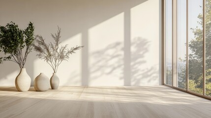 Minimalist interior featuring a white empty room with vases on a wooden floor decorative elements on a large wall and a scenic view out of a window Nordic home design 3D illustration