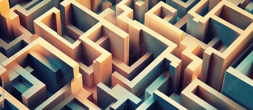 Poster intricate geometric maze design featuring a labyrinthine pattern complex shapes and an abstract puzz