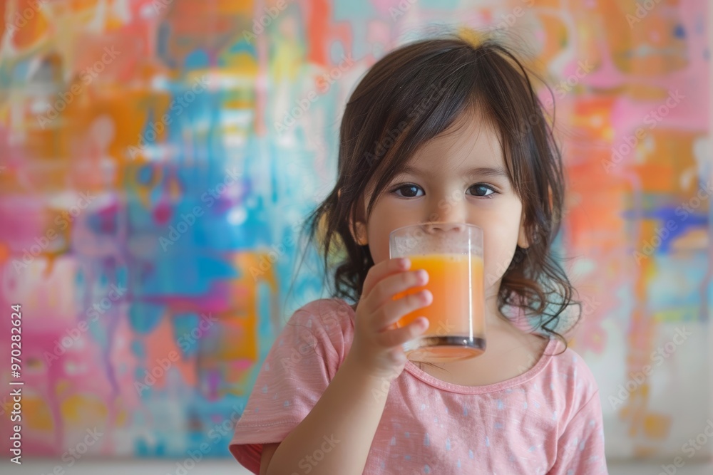 Poster Cute little child with dark hair enjoying juice in front of colorful artwork indoors during the day