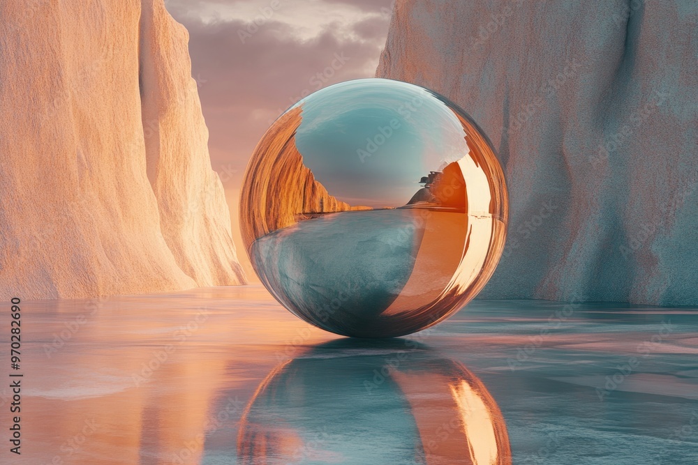 Poster stunning reflection of a large glass sphere in an abstract modern and luxurious 3d rendering showcas
