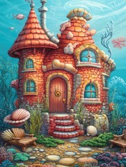 Obraz premium Cartoonish underwater red coral house design featuring an adorable mermaid home complete with a shell door seating and seaweed in the yard on the ocean floor Fantasy architecture illustration