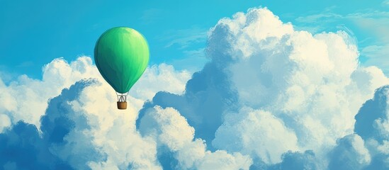 Fototapeta premium Green balloon basket soaring through fluffy clouds