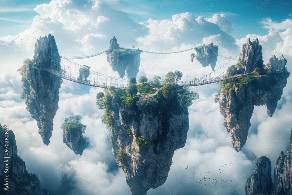 Poster whimsical floating islands in pixelated paradise with clouds drifting by