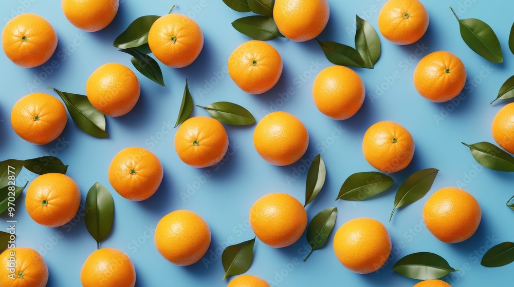 Poster A cluster of oranges set against a steel blue backdrop Overhead perspective showcasing both scattered and arranged arrangements in a diagonal layout 3D rendering illustration