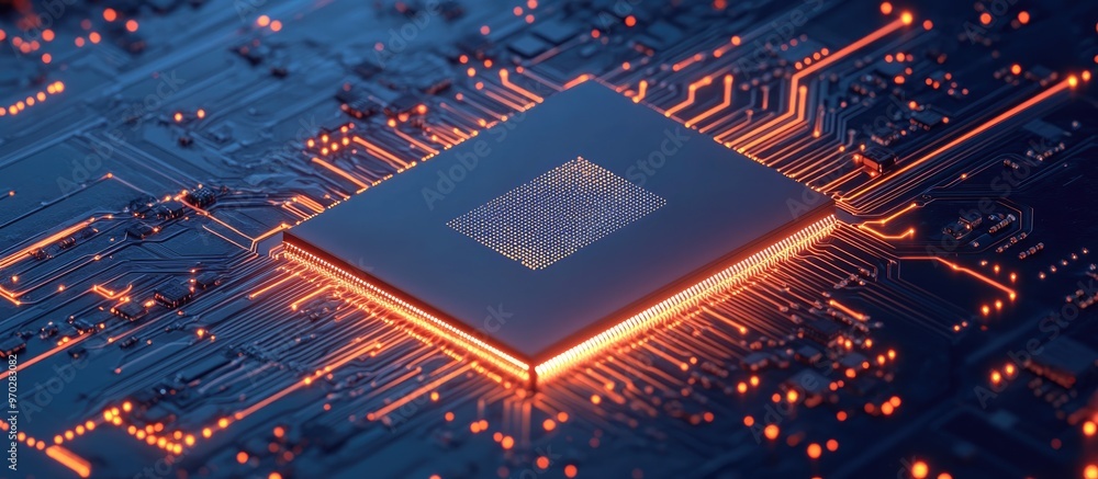 Poster a microchip featuring a central processing unit represents the outline of a nation set against a dar
