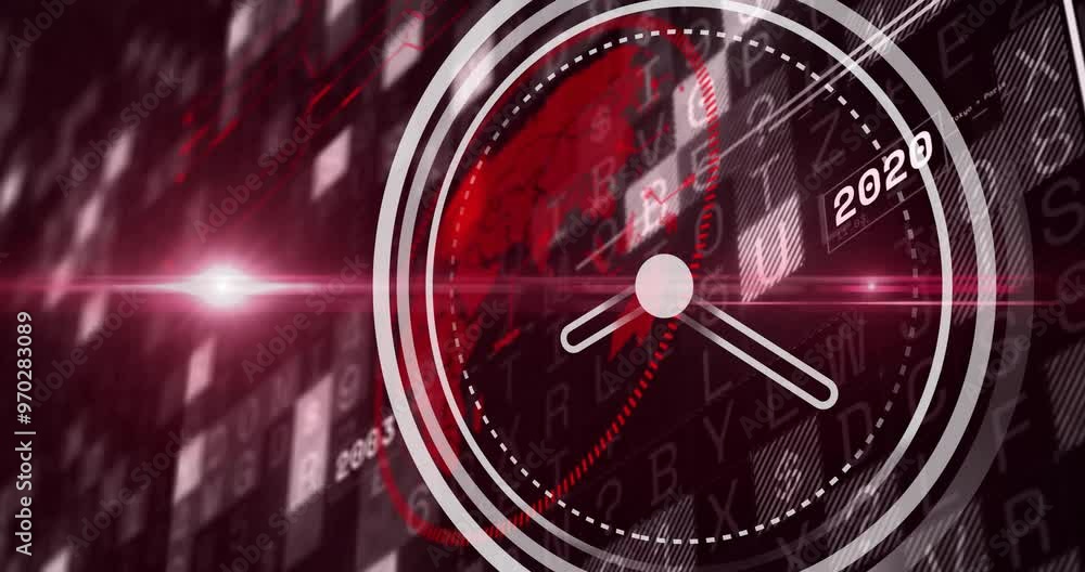 Aufkleber animation of moving clock over data processing and globe on black background