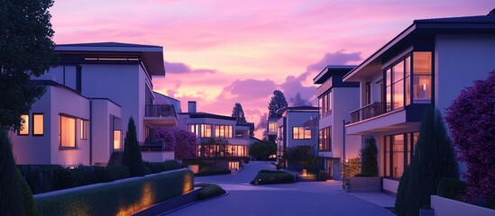 Urban landscape showcasing modern residential architecture a 3D illustration of innovative housing at dusk