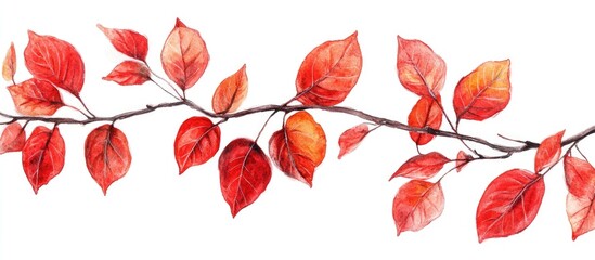 Autumn leaves in vibrant red on delicate twigs A watercolor illustration set on a clean white background