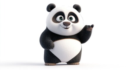 A cute cartoon panda character with a friendly expression, waving its hand.
