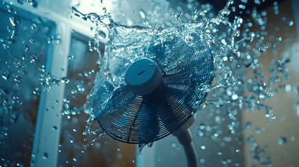 Ceiling fan drenched in water, splashes captured mid-air, with visible water damage throughout the room, Realistic, Cool tones, High-definition, Home insurance scenario