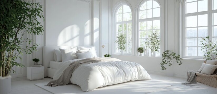 Contemporary white bedroom interior design in 3D rendering