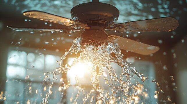 Ceiling fan with water flowing through its blades, creating a dramatic splash, emphasizing flood damage, insurance claim urgency