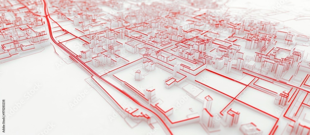 Poster map of streets created with red lines on a white background aerial perspective 3d rendering illustra
