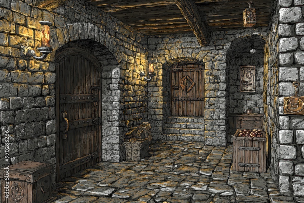 Poster mysterious retro dungeon adventure with hidden treasures and menacing monsters