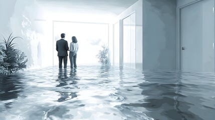 Fototapeta premium Ceilings marked by floodwater levels, insurance agent reviewing claims, soft ambient lighting, detailed sketch, minimalistic, monochromatic tones