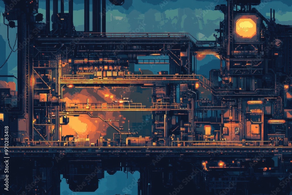 Poster digital industrial revolution - pixelated factory automation with robotic arms and gears in motion