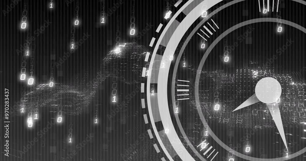 Poster animation of moving clock over data processing on black background