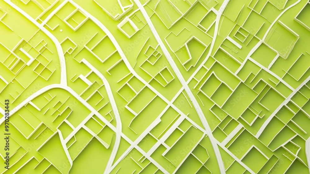 Poster map illustration featuring streets created with white lines on a yellowish green gradient background