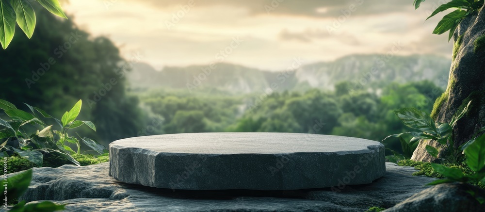 Poster flat stone podium on a rock platform in a 3d illustration gray pedestal for product presentation sur