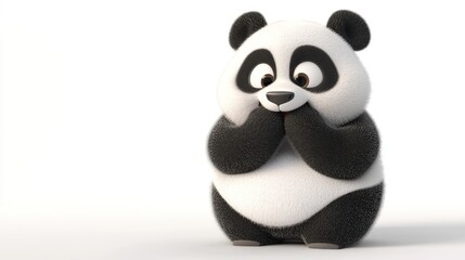 Obraz premium A cute cartoon panda with a surprised expression, sitting and clasping its paws together.