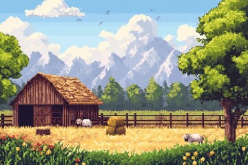 Nostalgic Pixelated Farm Scene with Barns, Hay Bales, and Animals - Retro Countryside Charm