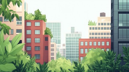Flat urban landscape featuring a combination of buildings and greenery showcasing the harmonious blend of architecture and nature