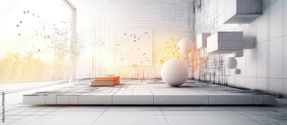 Poster 3D illustration depicting a gallery design sketched on a graph using a pencil showcasing abstract technology elements