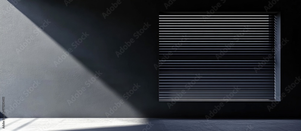 Poster black window with venetian blinds suspended against a dark backdrop minimalistic concept with a mono