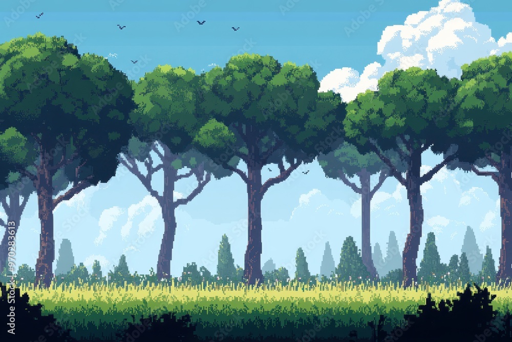 Poster retro 8-bit pixel forest landscape with tall trees and clear sky for copy space