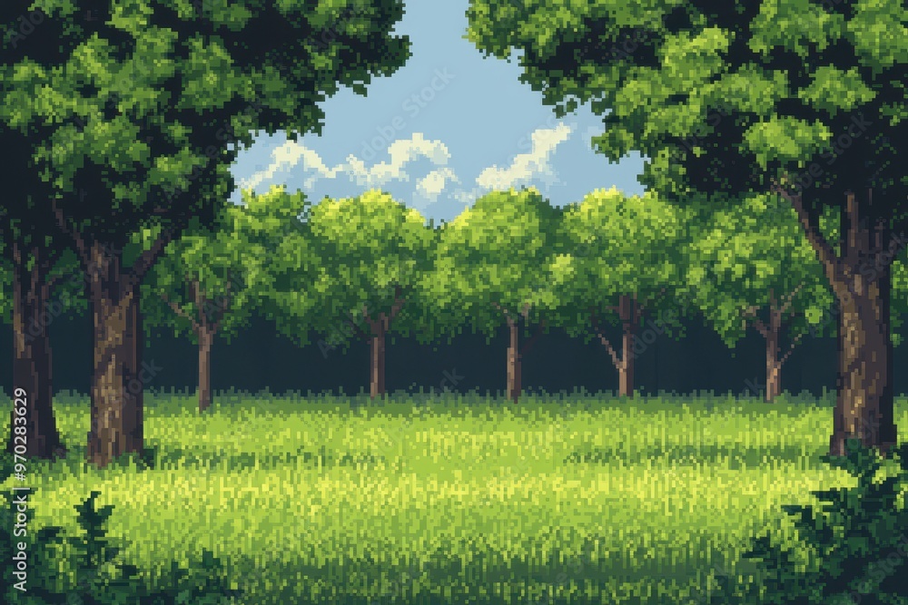 Poster retro 8-bit pixel forest scene with tall trees and clear sky copy space
