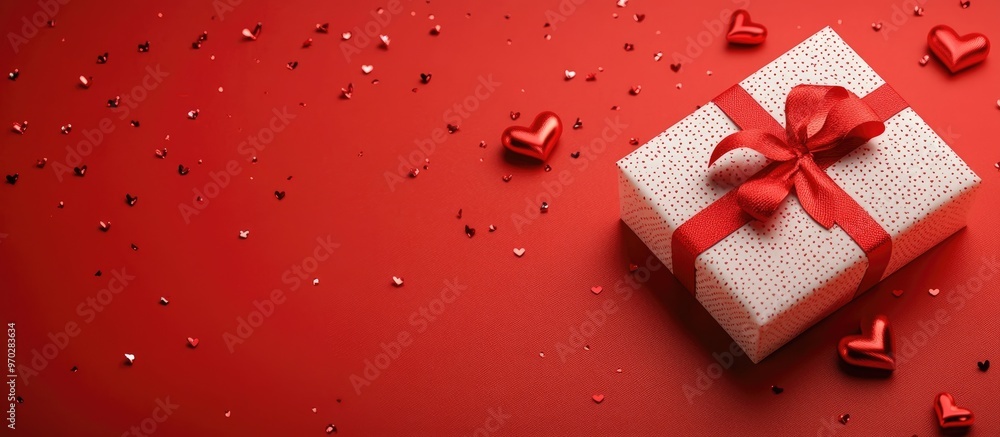 Poster valentine s day greeting card on a red background with a gift box and red hearts ideal for a product