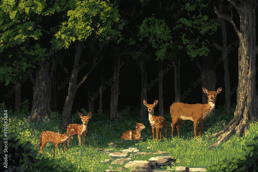 Poster retro 16-bit forest scene with pixelated animals and copy space for text