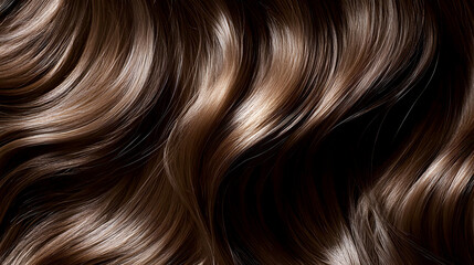 Naklejka premium Her hair flows in soft, smooth waves, with a natural sheen and deep brunette color, reflecting light and emphasizing the rich texture