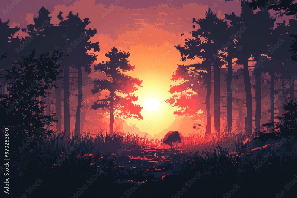 Poster enchanting retro pixel forest with sun rays - atmospheric background for design projects with copy s