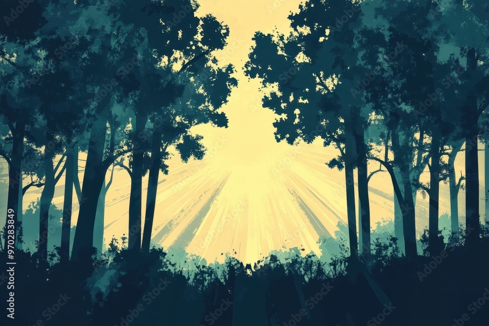 Poster Nostalgic Pixelated Forest Scene with Sun Rays - Retro Video Game Style Background with Copy Space for Text