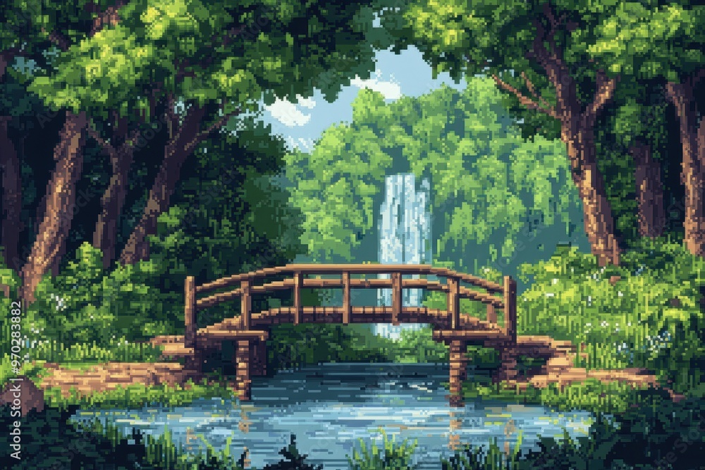Poster enchanted pixel forest with wooden bridge and open water - retro 16-bit video game style background 