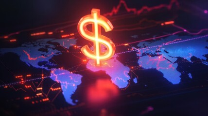 A glowing dollar sign rising from a world map with stock charts connecting different countries, symbolizing global investment growth, ultra-realistic