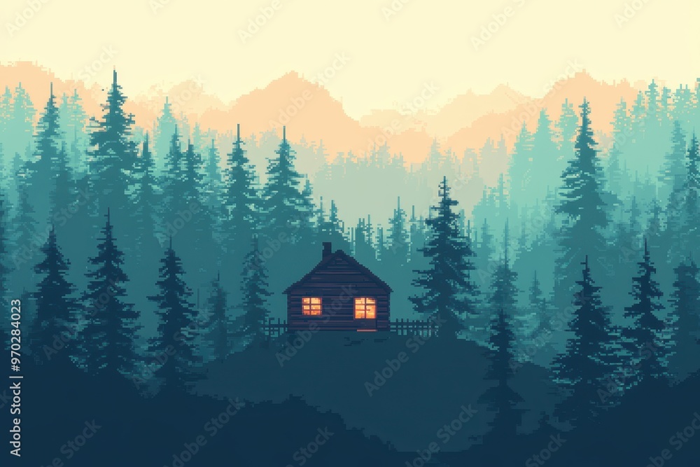 Poster retro pixel forest scene with hidden cabin and blank tree canopy for text overlay