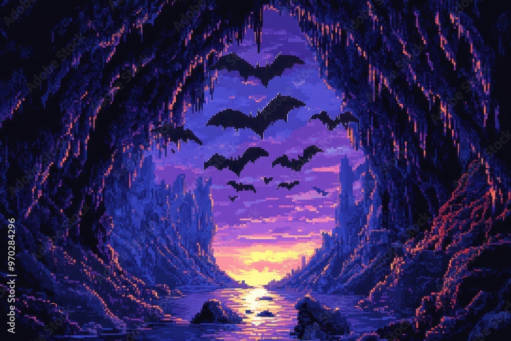 Poster retro 8-bit pixel cave with pixelated bats, blank open ceiling for text space in vintage video game 