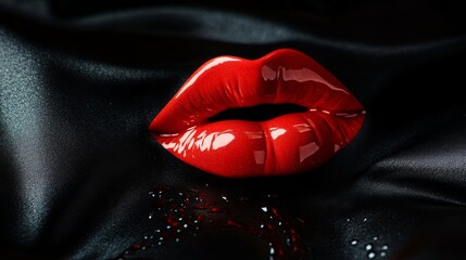 Glossy red lips on black silk background
